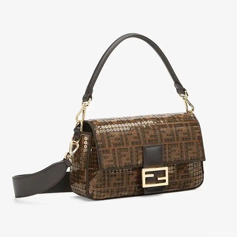 Affordable HOT Bag Sequins Medium Fabric Motif with FF Brown In Fendi Baguette 0412